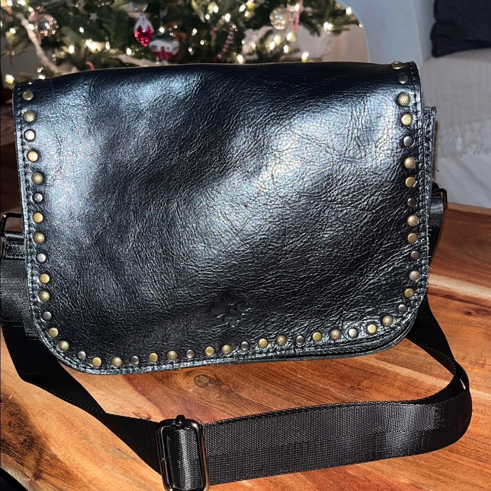 Patricia Nash Black leather Vitelli flap crossbody purse